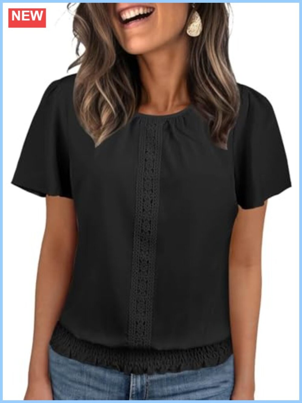 Womens Summer Top Ruffle Sleeve Scoop Neck Pleated Front Cropped Blouse